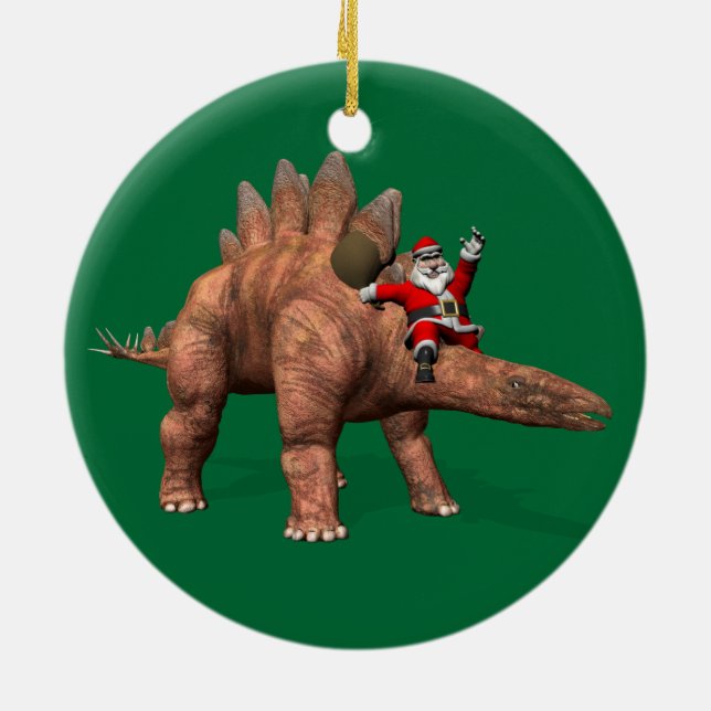 Santa Claus Riding On Stegosaurus Ceramic Ornament (Back)