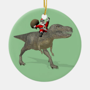 Santa Claus Riding On Trex Ceramic Ornament