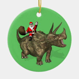 Santa Claus Riding On Triceratops Ceramic Tree Decoration