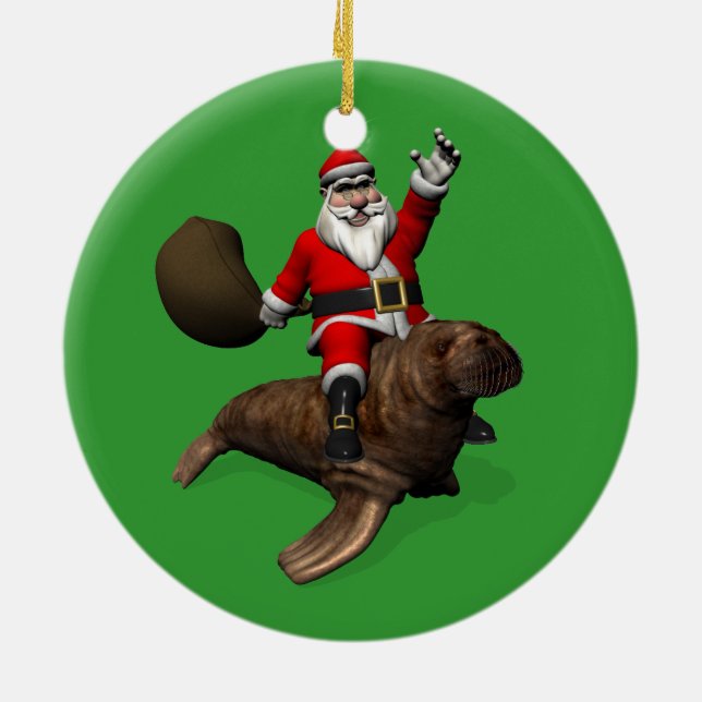 Santa Claus Riding On Walrus Ceramic Ornament (Back)