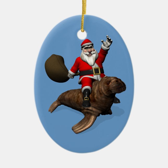 Santa Claus Riding On Walrus Ceramic Tree Decoration (Front)