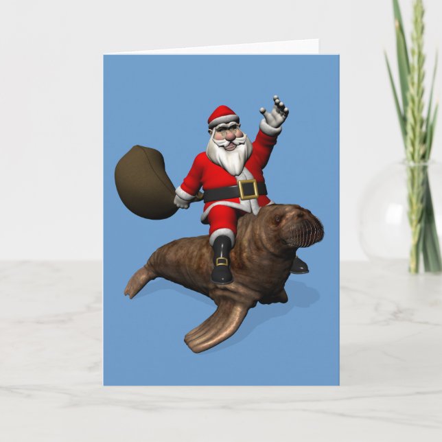 Santa Claus Riding On Walrus Holiday Card (Front)