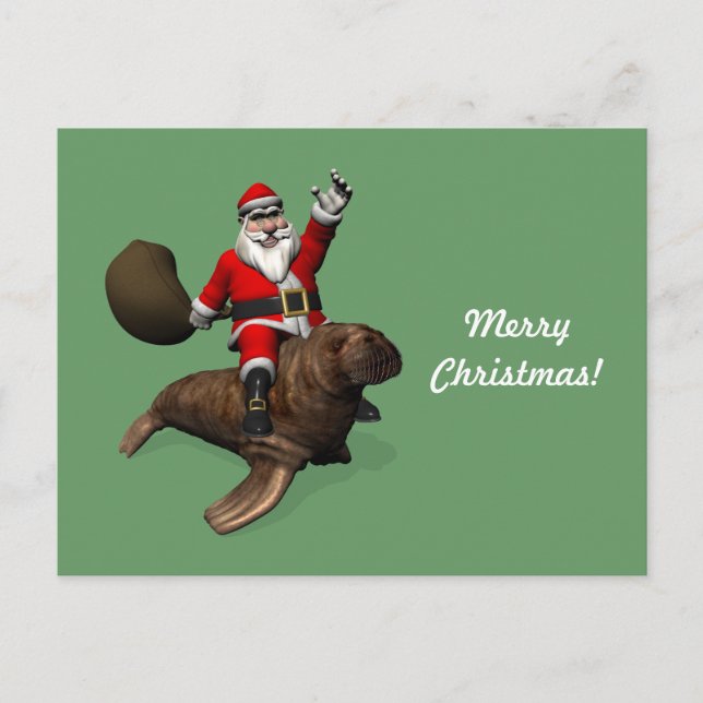 Santa Claus Riding On Walrus Holiday Postcard (Front)