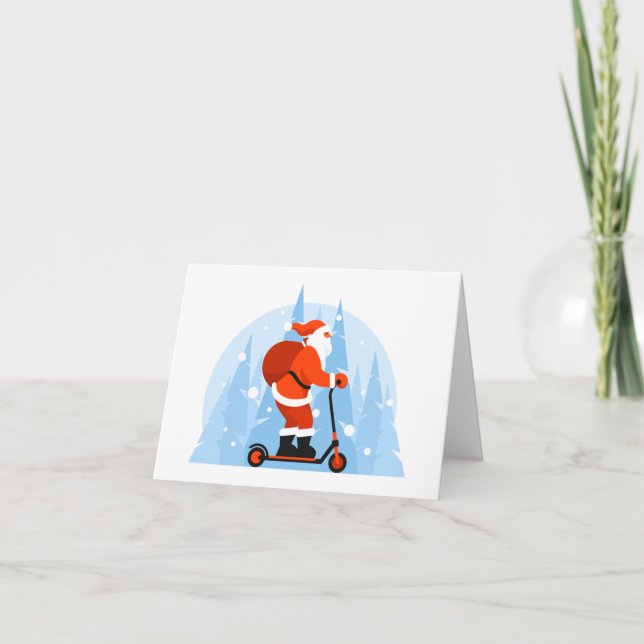 Santa Claus Riding Scooter Christmas Card (Front)