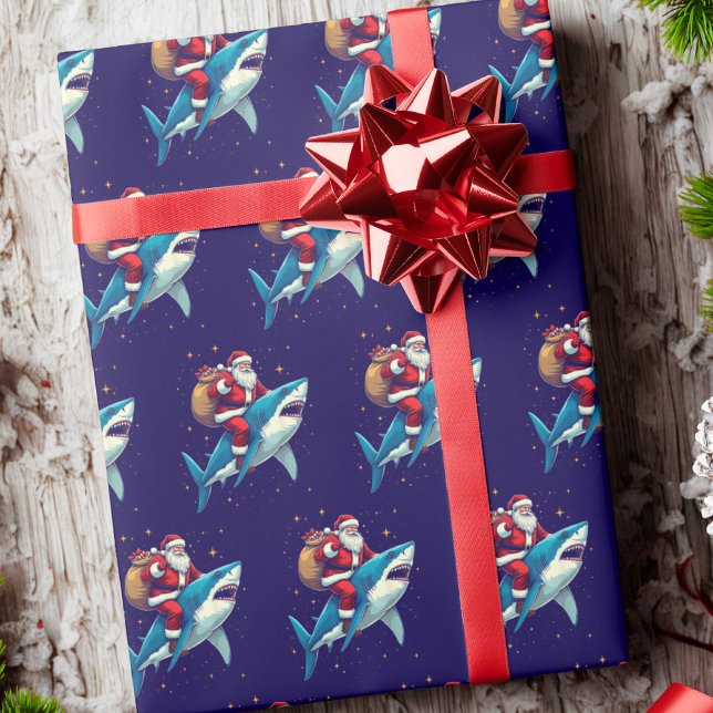 Santa Claus Riding Shark Christmas Blue Wrapping Paper (Creator Uploaded)