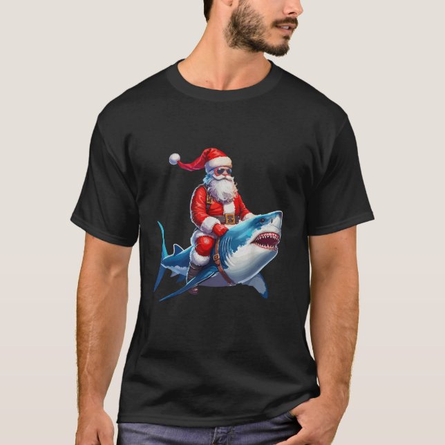 santa claus Riding Shark Funny Christmas candy can T-Shirt (Front)