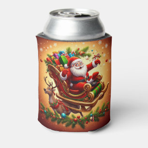 Santa Claus Riding Sleigh with a Reindeer Can Cooler
