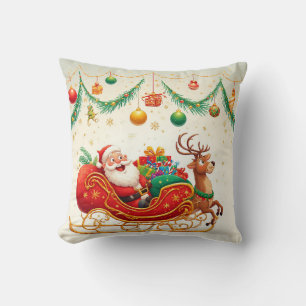 Santa Claus Riding Sleigh with a Reindeer Cushion