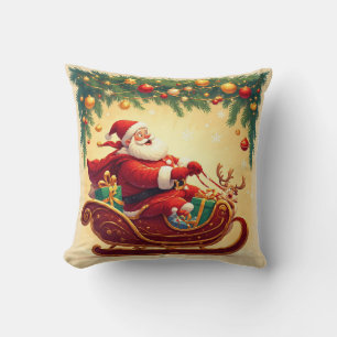 Santa Claus Riding Sleigh with a Reindeer Cushion
