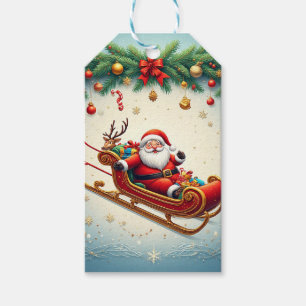 Santa Claus Riding Sleigh with a Reindeer Gift Tags