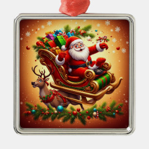 Santa Claus Riding Sleigh with a Reindeer Metal Ornament