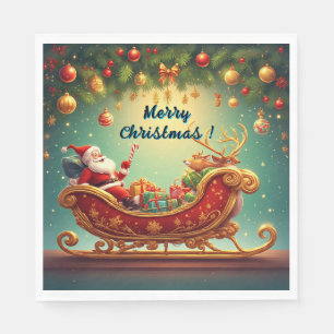 Santa Claus Riding Sleigh with a Reindeer Napkin