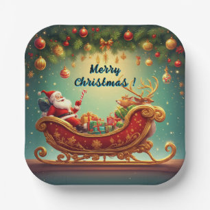 Santa Claus Riding Sleigh with a Reindeer Paper Plate