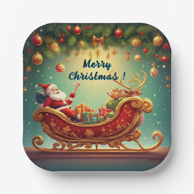 Santa Claus Riding Sleigh with a Reindeer Paper Plate (Front)