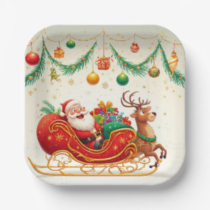 Santa Claus Riding Sleigh with a Reindeer Paper Plate