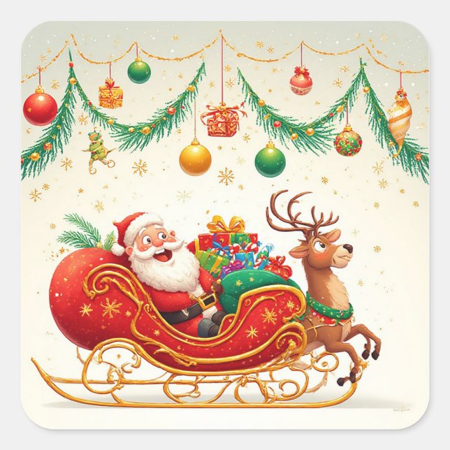 Santa Claus Riding Sleigh with a Reindeer Square Sticker (Front)