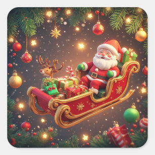 Santa Claus Riding Sleigh with a Reindeer Square Sticker