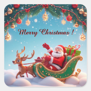 Santa Claus Riding Sleigh with a Reindeer Square Sticker