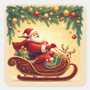 Santa Claus Riding Sleigh with a Reindeer Square Sticker