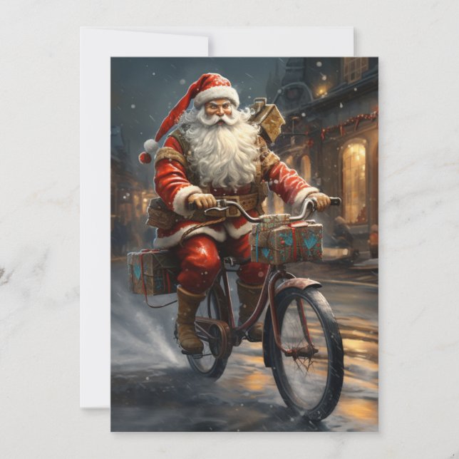 Santa Claus Riding the Bike Christmas Holiday Card (Front)