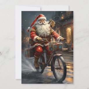 Santa Claus Riding the Bike Christmas Holiday Card