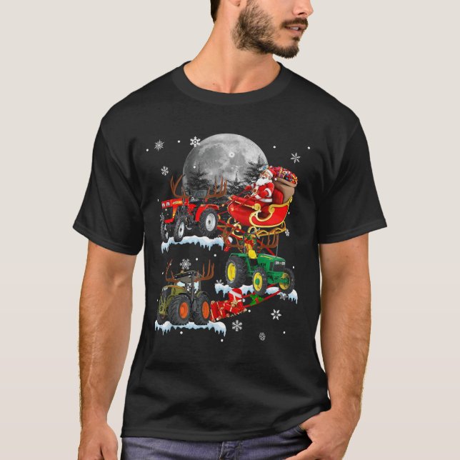 Santa Claus Riding Tractor Sleigh Christmas Tracto T-Shirt (Front)