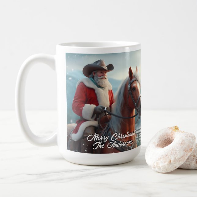 Santa Claus Riding Western Christmas Coffee Mug (With Donut)