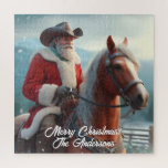 Santa Claus Riding Western Christmas Jigsaw Puzzle<br><div class="desc">This fun Christmas design shows Saint Nicholas in a red cowboy hat riding a beautiful palomino horse.</div>