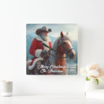 Santa Claus Riding Western Christmas Square Wall Clock<br><div class="desc">This fun Christmas design shows Saint Nicholas in a red cowboy hat riding a beautiful palomino horse.</div>