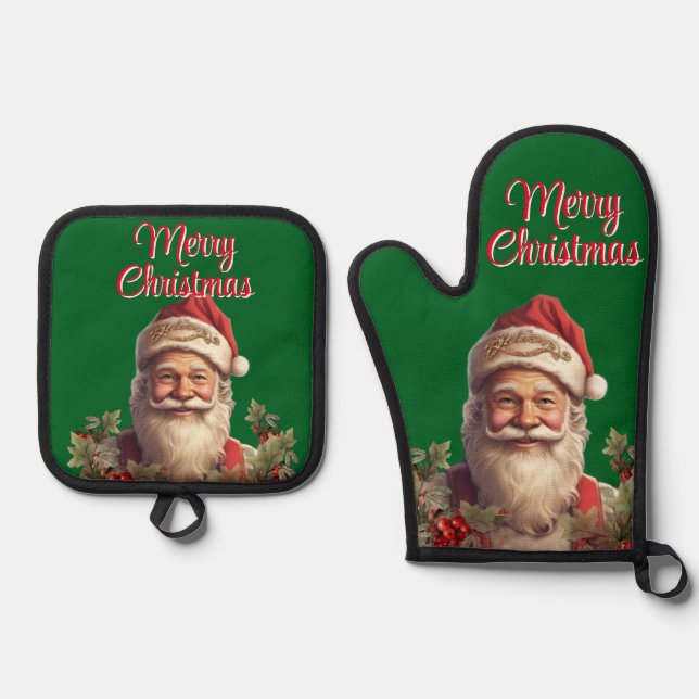 Santa Claus Saint Nicholas Christmas  Oven Mitt & Pot Holder Set (Front)