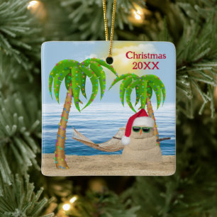 Santa Claus Sandman On Tropical Beach Ceramic Ornament