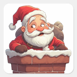 Santa Claus Sitting In Chimney With Christmas Gift Square Sticker