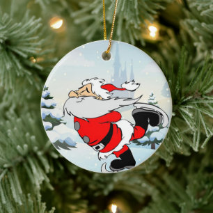 Santa Claus Skate On Ice Snow Ceramic Ornament