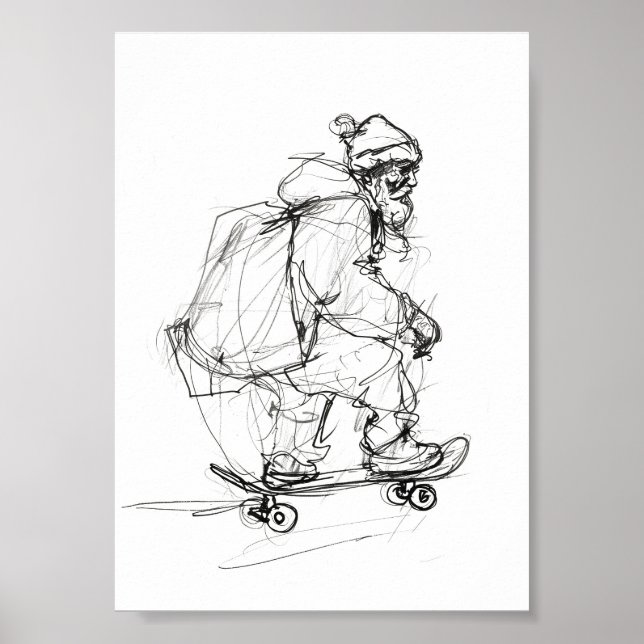Santa Claus Skateboarding with Presents Poster (Front)