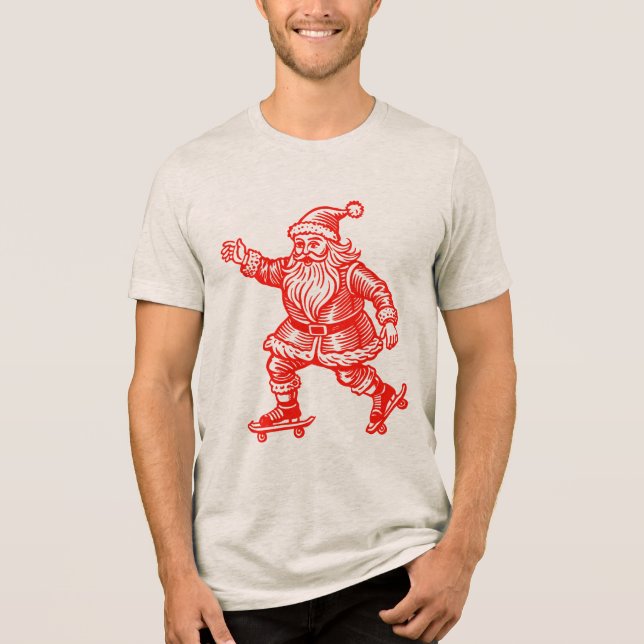 Santa Claus Skating T-Shirt Hand drawn Tri-Blend Shirt (Front)