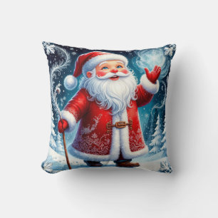 Santa Claus Skating Through Snowy Winter Wonderlan Cushion