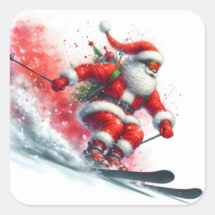 Santa Claus Skiing Down a Snowy Mountain Slope Square Sticker