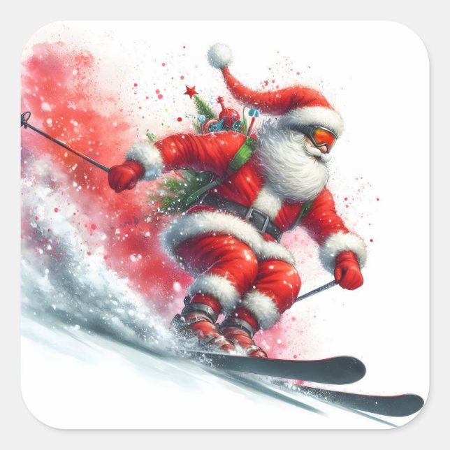 Santa Claus Skiing Down a Snowy Mountain Slope Square Sticker (Front)