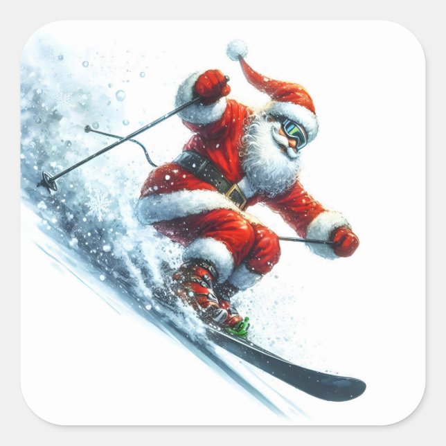 Santa Claus Skiing Down a Snowy Mountain Slope Square Sticker (Front)