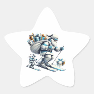 Santa Claus skiing with a bag of gifts Christmas Star Sticker