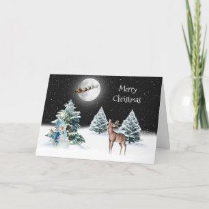 Santa Claus Sleigh and Deer In Moonlight Card
