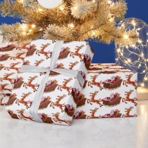 Santa Claus Sleigh Christmas Presents and Reindeer Wrapping Paper