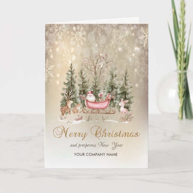 Santa Claus,Sleigh Forest Snowflakes Holiday Card (Front)