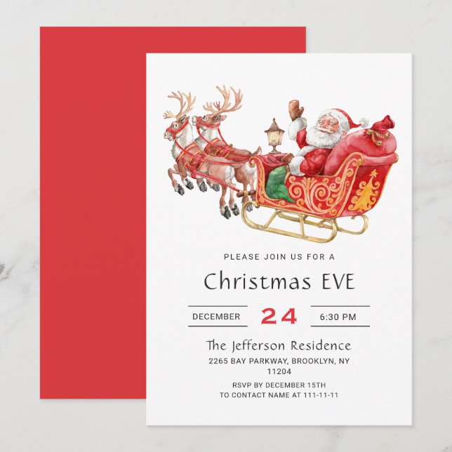 Santa Claus Sleigh Holiday Christmas Eve Party Invitation (Front/Back)