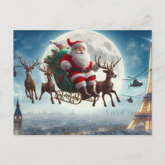 Santa Claus & sleigh over Paris, France, whimsical Postcard