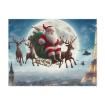 Santa Claus & sleigh over Paris, France, whimsical