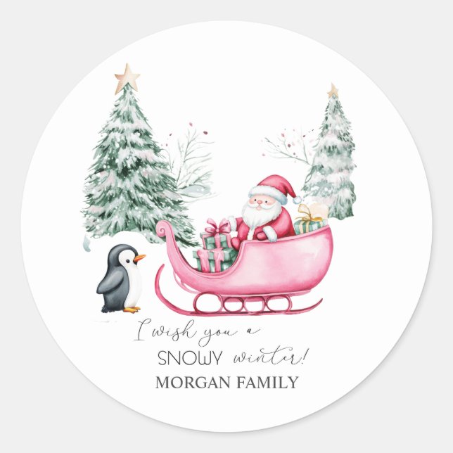  Santa Claus,Sleigh,Penguin,Forest Classic Round Sticker (Front)