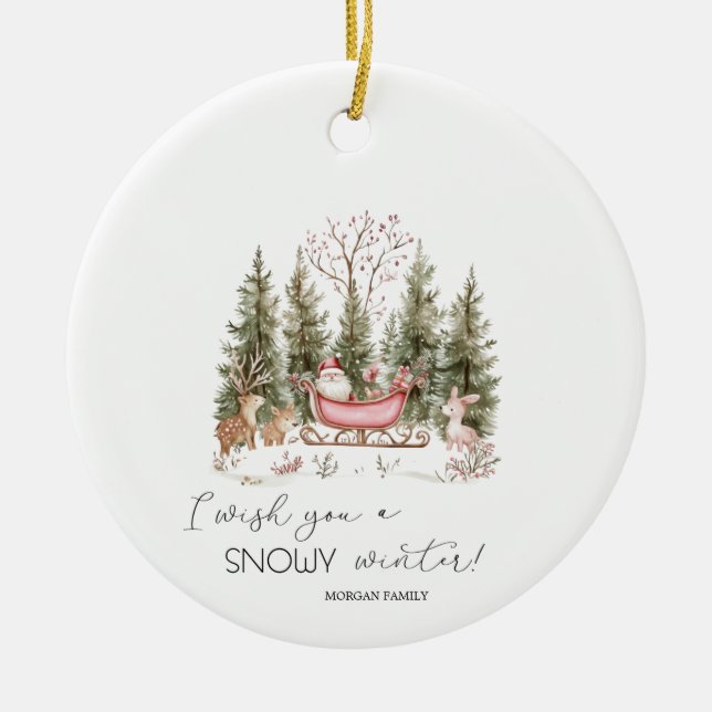  Santa Claus,Sleigh,Presents Forest Christmas Ceramic Ornament (Front)