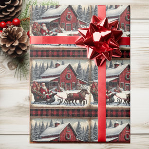 Santa Claus Sleigh Reindeer Barn Christmas Country Wrapping Paper