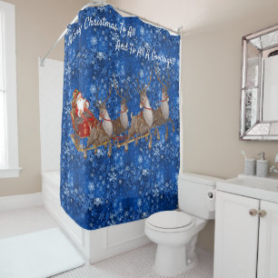 Santa Claus Sleigh Reindeer Christmas Bathroom Tub Shower Curtain